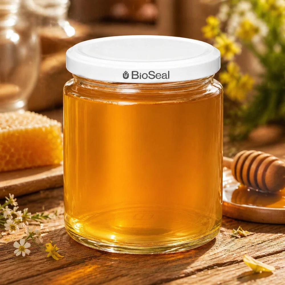 Honingpot 350 g met witte BioSeal UNiTWIST-deksel 250 ml BioSeal UNiTWIST honingpot gevuld met gouden honing op een houten tafel met honingraat en honingstick