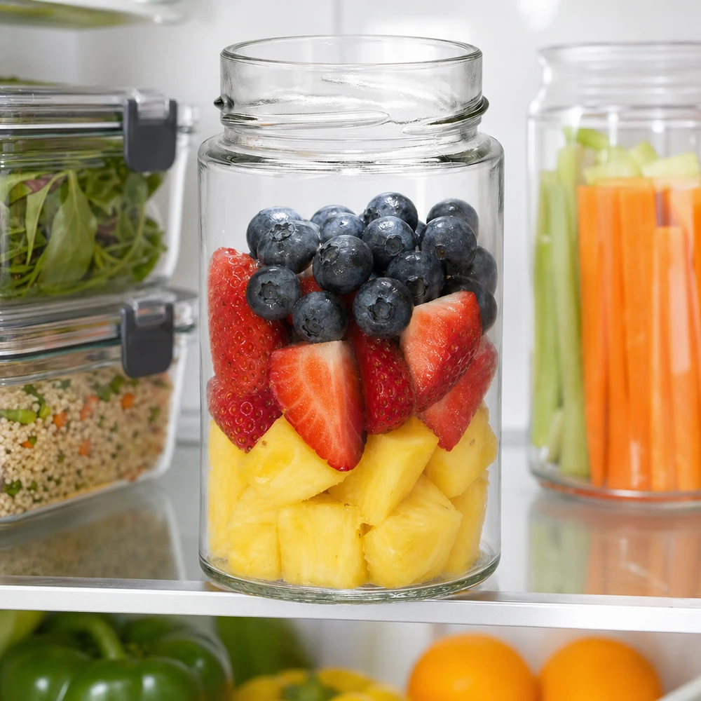 245ml rond glas zonder deksel (TO58deep) UNiTWIST UNiTWIST Runda245 ronde pot 245ml met vers fruit bessen in de koelkast voorraadpot TO58deksel