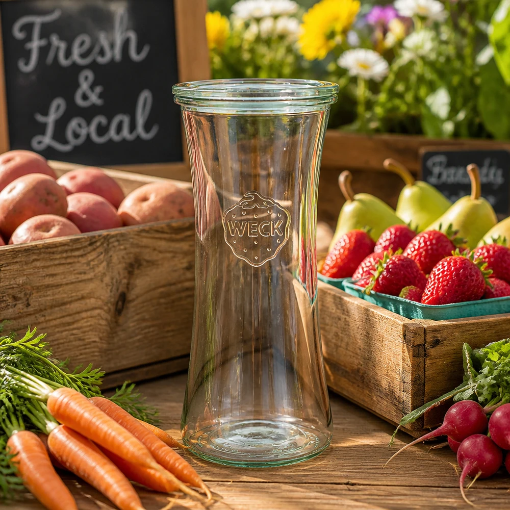 700ml delicatessenglas met glazen deksel WECK RR80 WECK delicatessenpot 700ml RR80 tussen vers fruit en groenten op een rustieke houten tafel - inmaakpot voor lokale pro