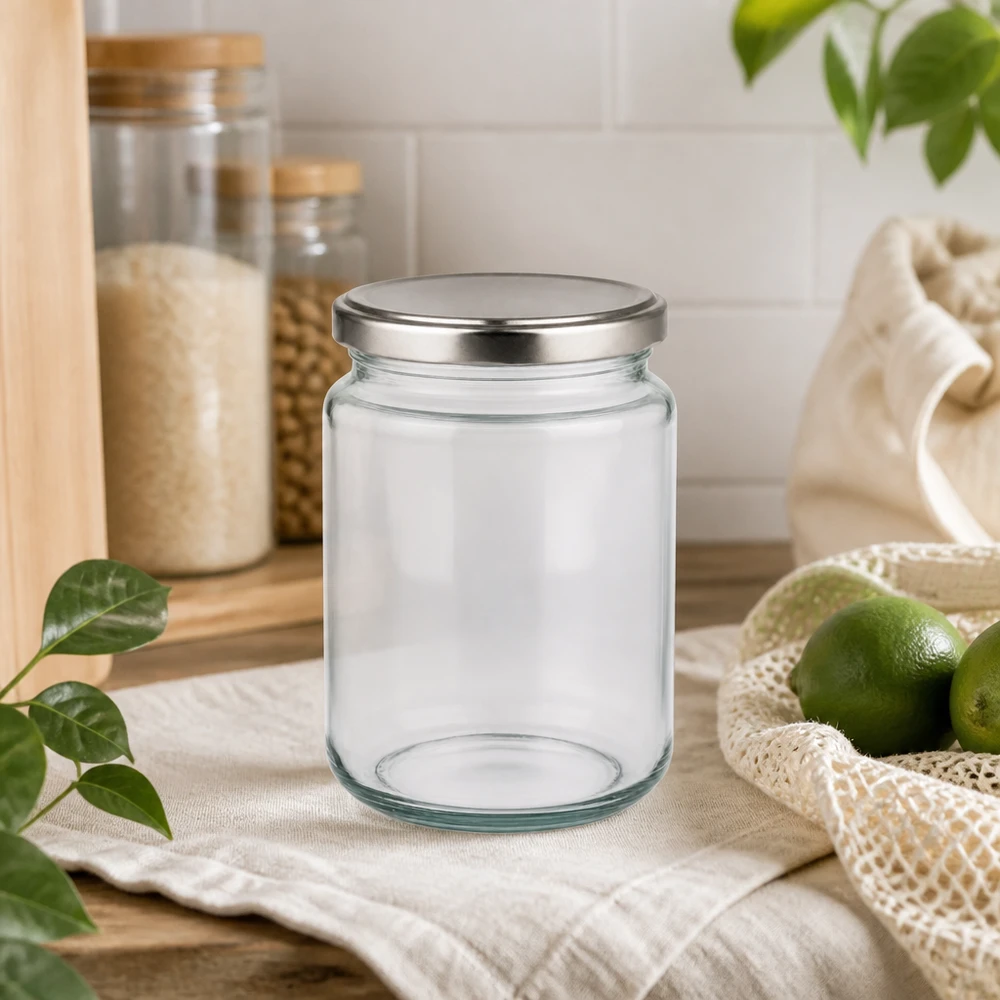 382ml rond glas met BasicSeal deksel zilver UNiTWIST 382ml Rundglas mit silbernem Deckel in nachhaltiger Küchenumgebung mit Limetten Jutebeutel Glasvorräte Öko-Lifestyle