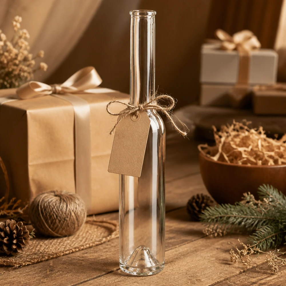 200 ml glazen fles Hugo zonder sluiting UNiTWIST® 200ml glazen fles Hugo leeg met kadotag rustieke verpakking ambachtelijk materiaal kerstdecoratie natuurlijke materialen