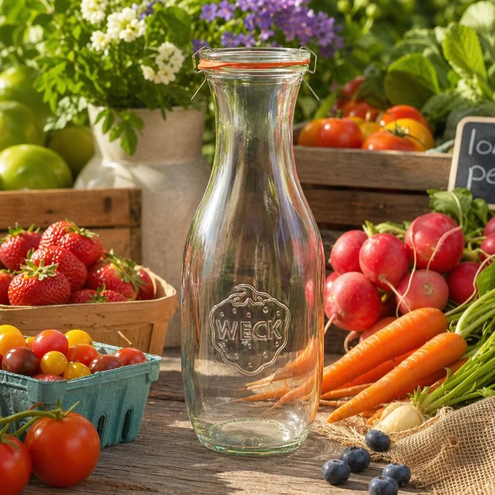 1062 ml sapfles, compleet WECK RR60 WECK sapfles 1062ml RR60 leeg tussen verse groenten fruit op houten tafel Boerenmarkt sfeer natuurlijk