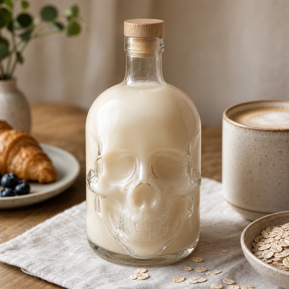 Totenkopf-Glasflasche 700ml Jack mit cremiger Milchfüllung beim Frühstück mit Croissant und Haferflocken