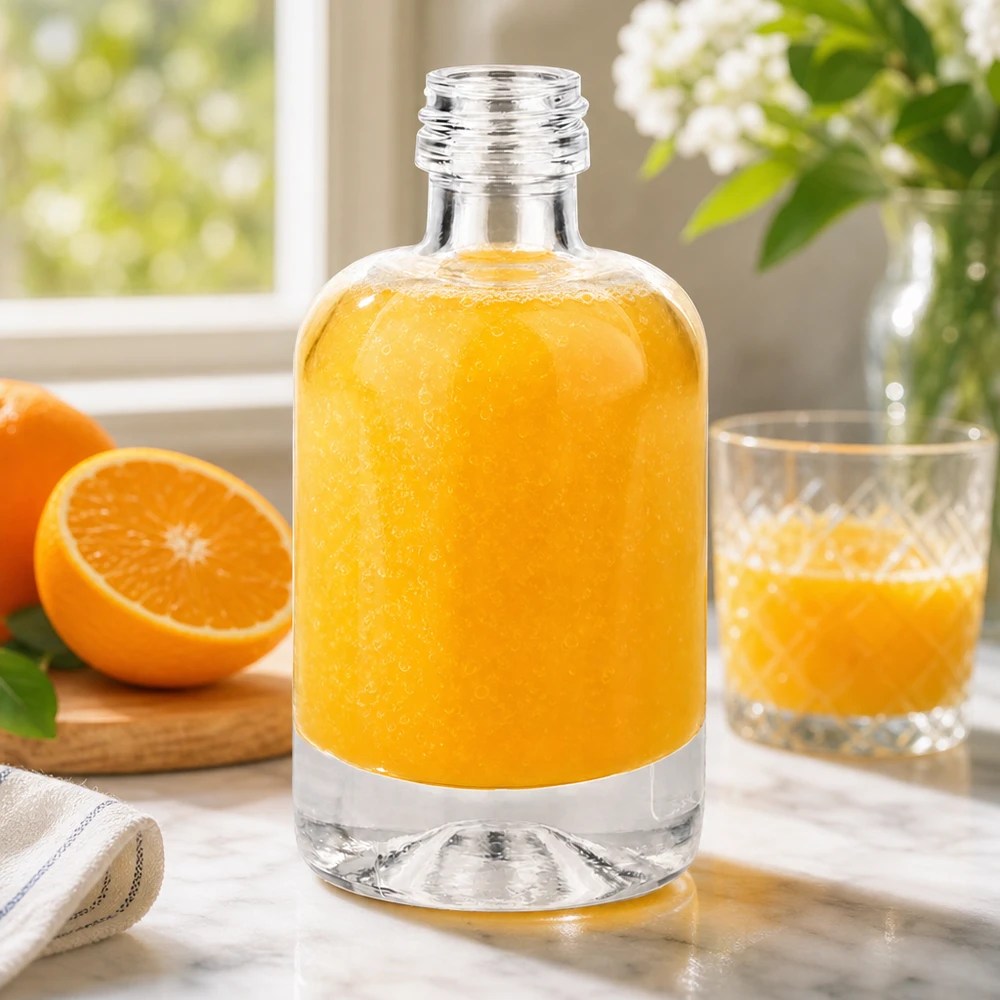 40 ml glazen fles Sara zonder schroefdop UNiTWIST® 40ml glazen fles Sara gevuld met sinaasappelsap toont veelzijdigheid voor drankjes en cosmetica zonder dop