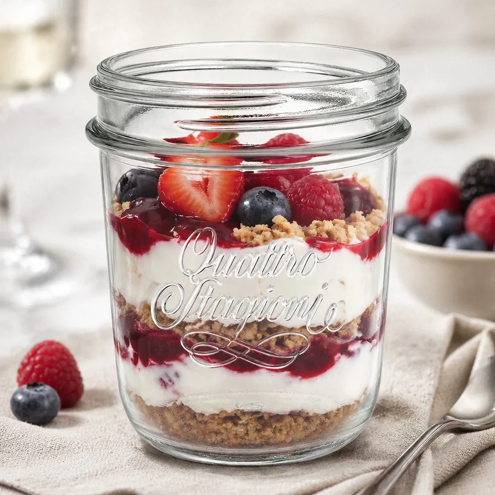 Quattro Stagioni mason jar 320ml gevuld met bessenlaag dessert QS86mm schroefdop mason jar