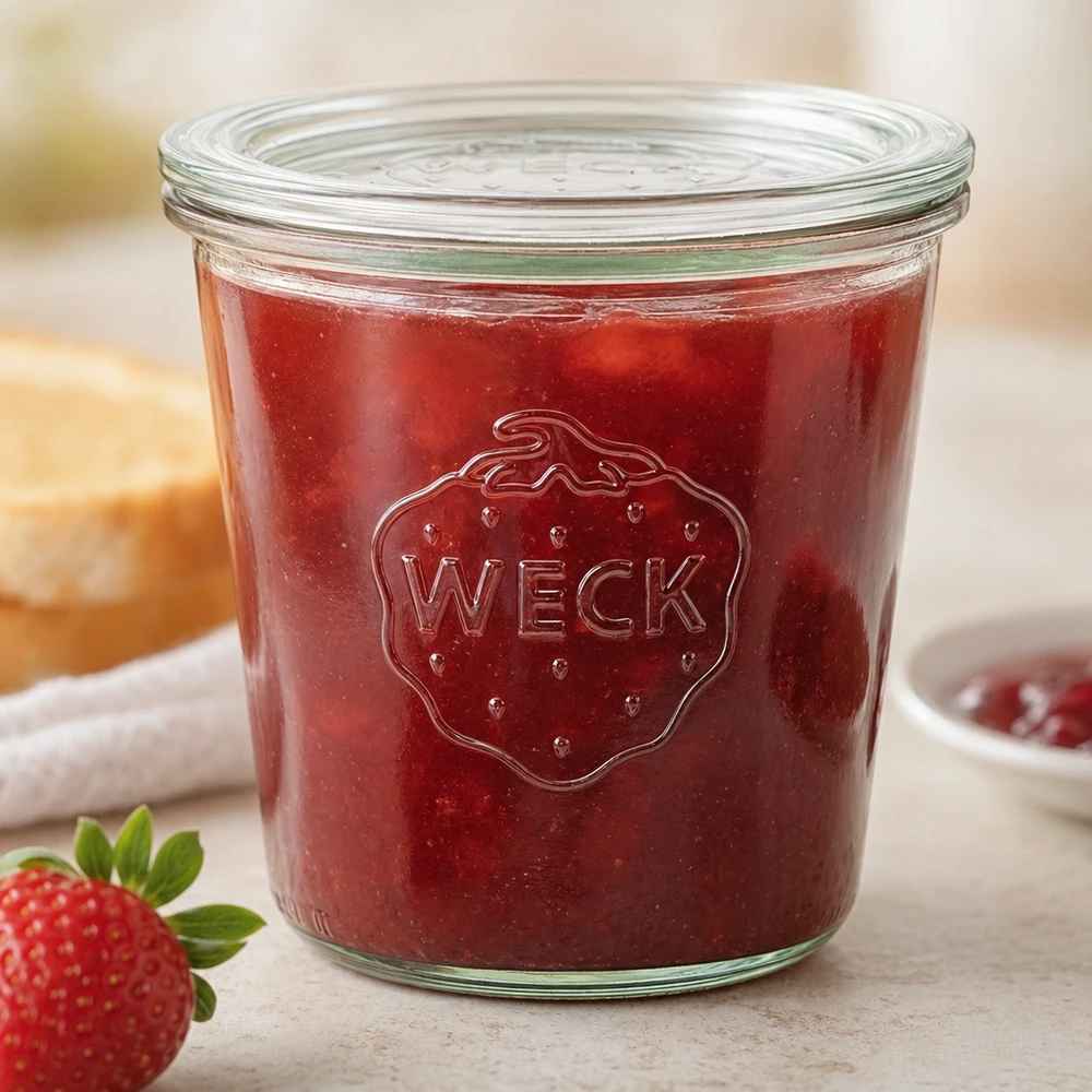 WECK RR100 glazen pot van 580 ml met glazen deksel WECK RR100 bekers van 580 ml met rode aardbeienjam en aardbeienlogo op keukenblad
