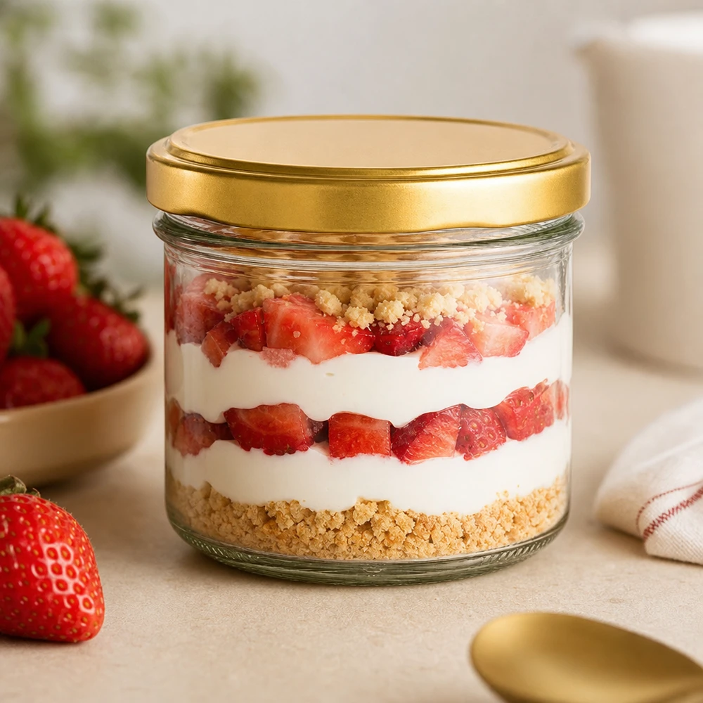 225ml bekers met BasicSeal deksel goud UNiTWIST 225 ml UNiTWIST gouden bekers met BasicSeal deksel als dessertglas voor aardbeientrifle met room en biscuitbodem