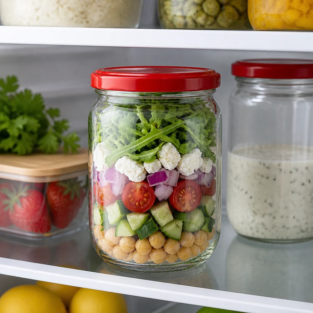 Laagsalade in een rond glazen pot van 555 ml van UNiTWIST: de inhoud is ideaal voor meal prep en het vers houden van voedsel