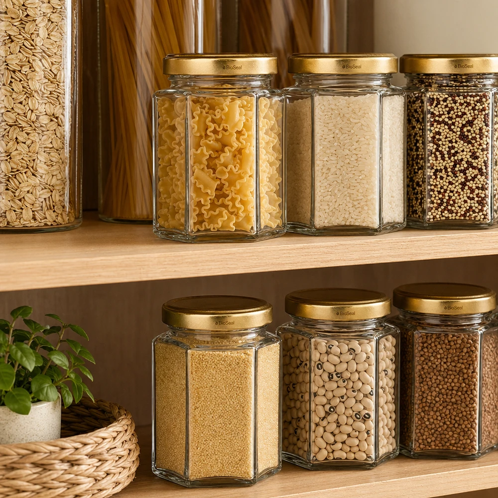 196ml hexaglas met BioSeal deksel goud UNiTWIST Zeshoekige UNiTWIST Hexa196 voorraadpotten met TO58 BioSeal gouden deksels in een georganiseerde voorraadkast met pasta en peulvruchten.