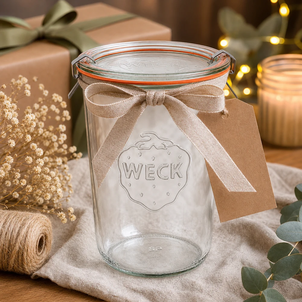 850ml stortglas compleet WECK RR100 WECK 850 ml beker RR100 als cadeau-idee versierd met een strik en hanger in een gezellig kersttafereel