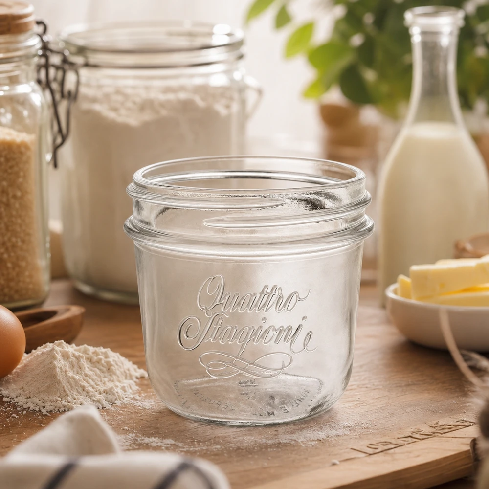 200ml Quattro Stagioni glazen pot op houten tafel met bakingrediënten bloem eieren en melkfles in keuken