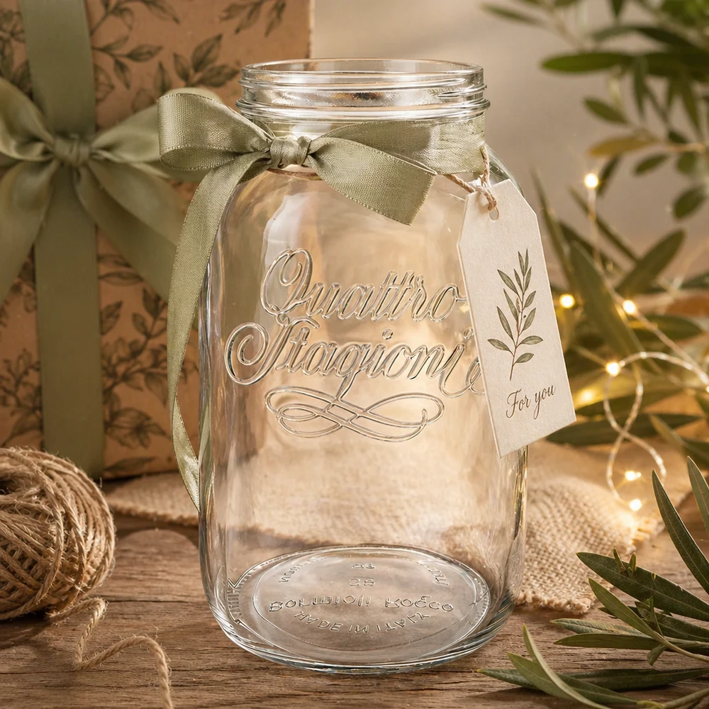 3800ml Quattro Stagioni huishoudglas versierd met een groene strik en een cadeaulabel op een rustieke houten tafel
