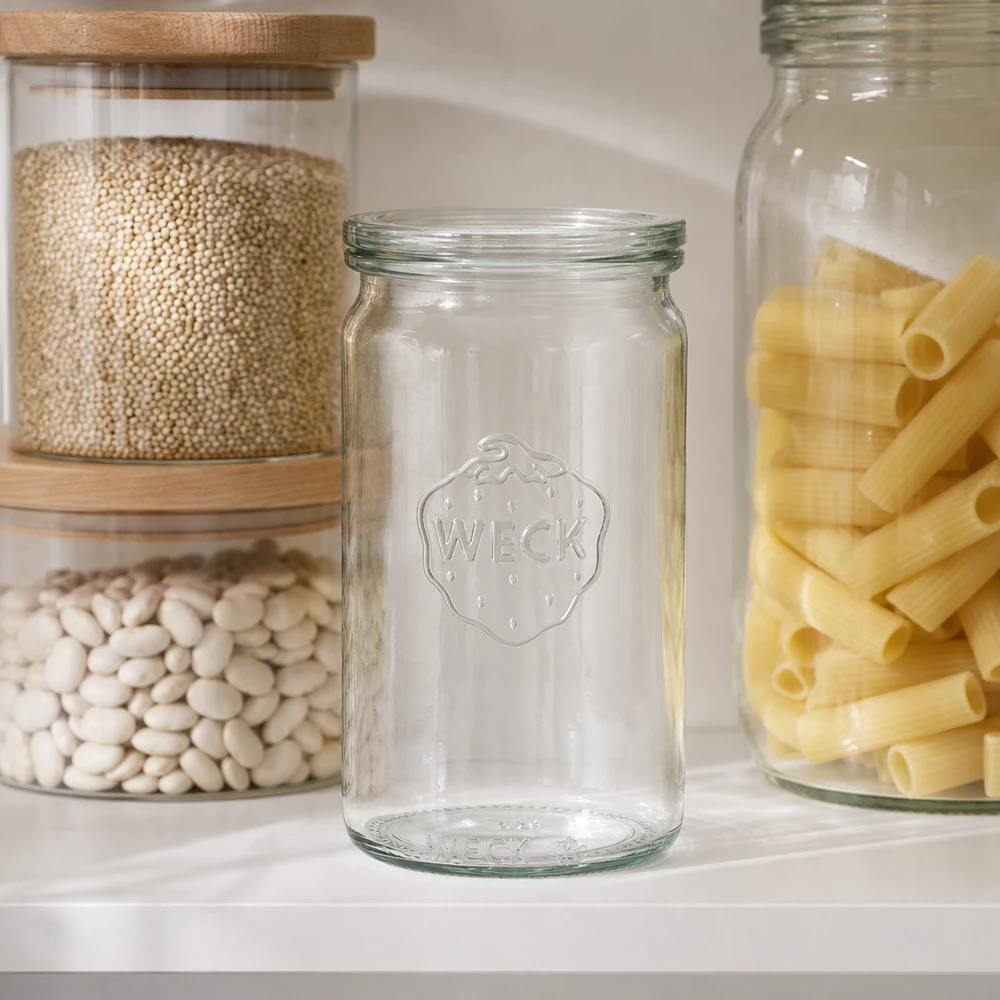 340ml cilinderglas met glazen deksel WECK RR60 WECK 340ml Zylinderglas RR60 leer in moderner Pantry zwischen Vorratsgläsern mit Hülsenfrüchten und Nudeln Küchenausstat