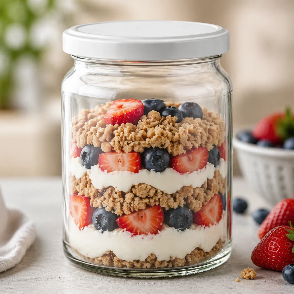 205ml rond glas met BasicSeal deksel wit UNiTWIST 205 ml rond glas UNiTWIST als dessertglas voor gelaagde desserts met bessen en yoghurt - veelzijdig glas