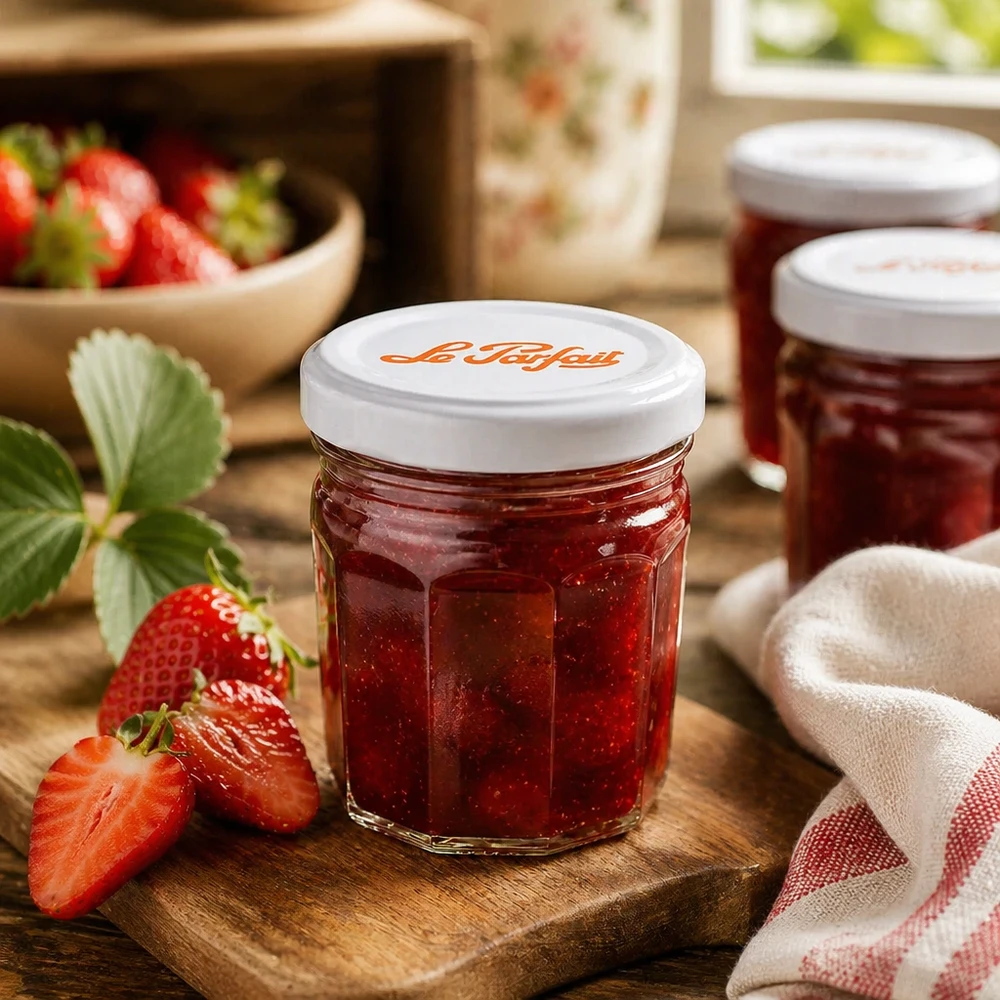 Le Parfait® Mini‑Jam 44 ml Ø48 mm pot Le Parfait mini confituurpotjes 44ml met aardbeien en confituur op een houten plank - perfect voor zelfgemaakt broodbeleg