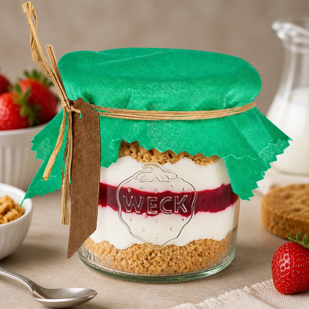 Stoffen lapje voor deksel groen 12cm hoekig Groene stoffen doily 12cm vierkant op dessertglas met gelaagd dessert en verse aardbeien als tafeldecoratie