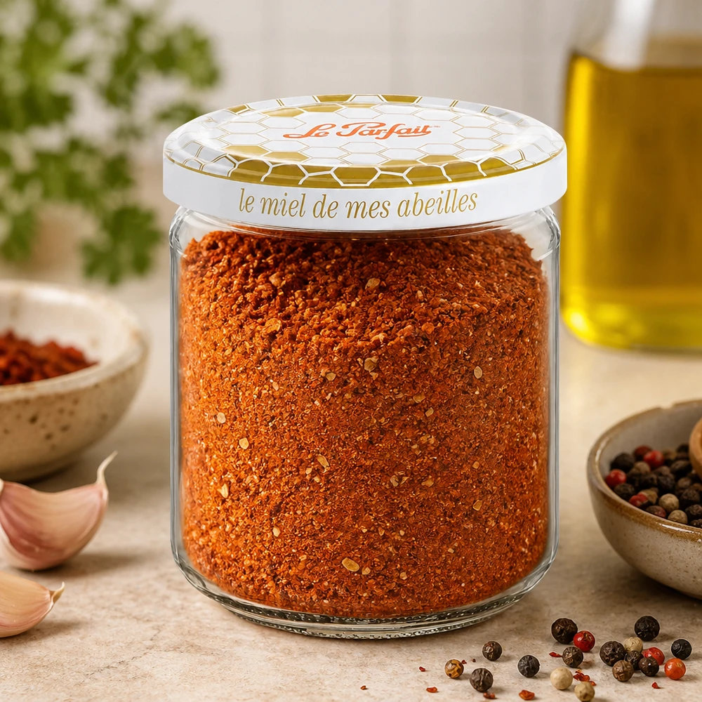 Le Parfait® honingpot 212 ml Ø63 mm Le Parfait Honing voorraadpotje 212ml gevuld met kruidenmix naast knoflook peperkorrels en olijfolie