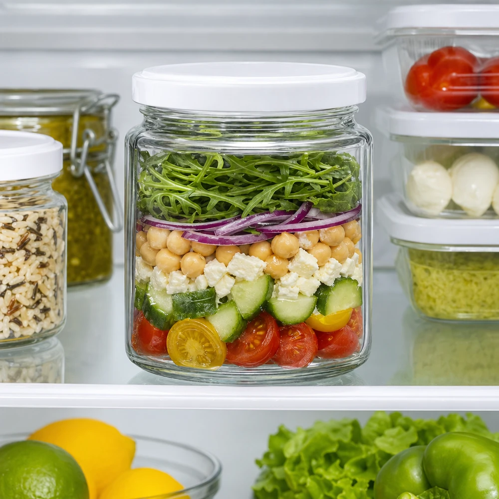 Honingpot 350 g met witte BasicSeal UNiTWIST-deksel Honingpot van 250 ml in de koelkast als maaltijdverpakking voor gelaagde salade met BasicSeal deksel UNiTWIST