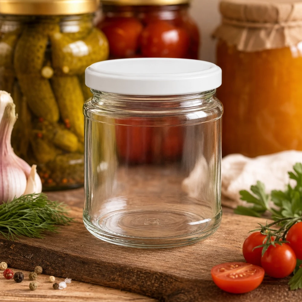 212ml rond glas met BasicSeal deksel wit UNiTWIST Inmaakpot 212ml met wit deksel op houten plank naast tomaten, kruiden en gevulde inmaakpotten op de achtergrond