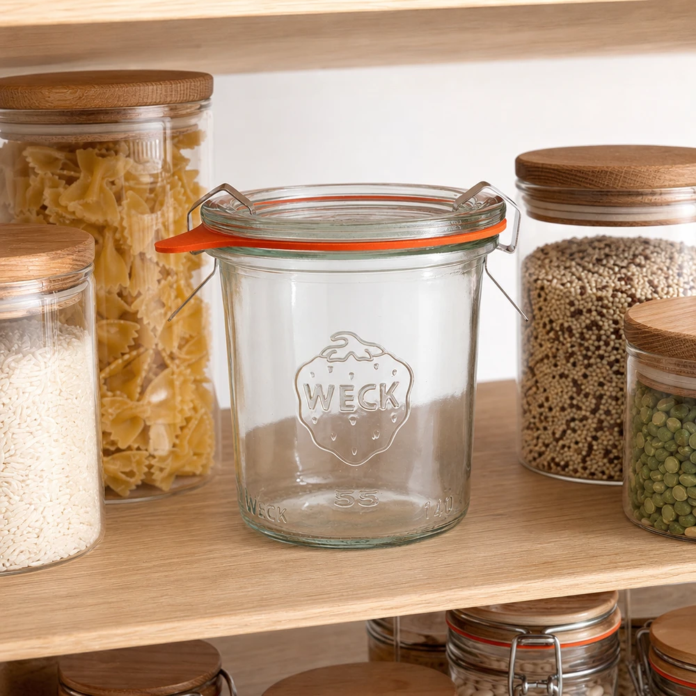 140ml stortglas compleet WECK RR60 WECK 140ml RR60 voorraadpot in voorraadkast met pasta rijst en peulvruchten voor voedselopslag