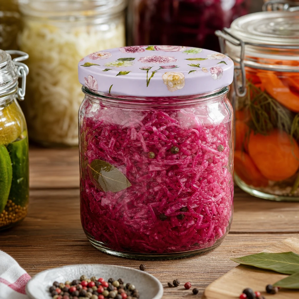 425 ml ronde pot met roze gebloemde deksel gevuld met gefermenteerde rode kool tussen kruiden toont conservering