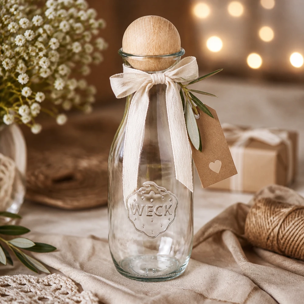 WECK sapfles 1062ml RR60 als cadeau versierd met een witte strik, kraftpapieren label en olijftak