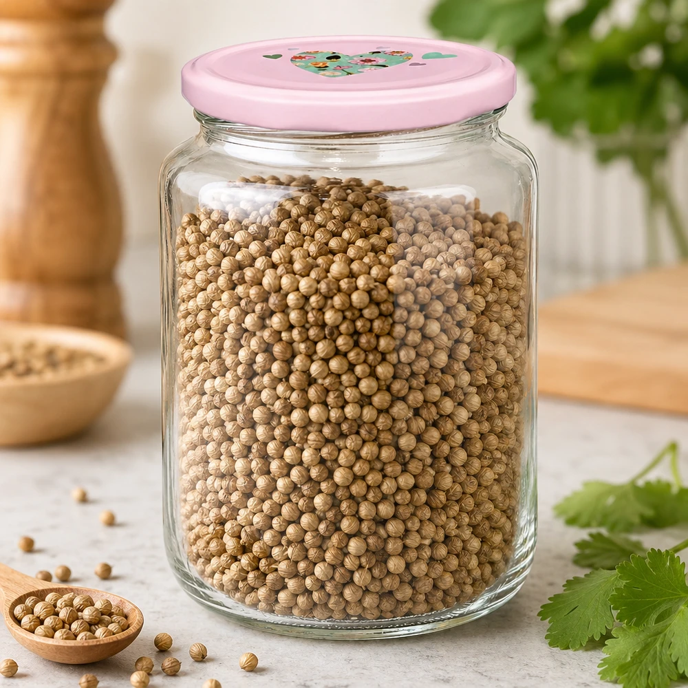 795 ml ronde pot + BasicSeal-deksel roze hart UNiTWIST Rundglas 795ml mit rosa Herzdeckel gefüllt mit Koriandersamen Gewürzaufbewahrung Vorratsglas für Küchenkräuter