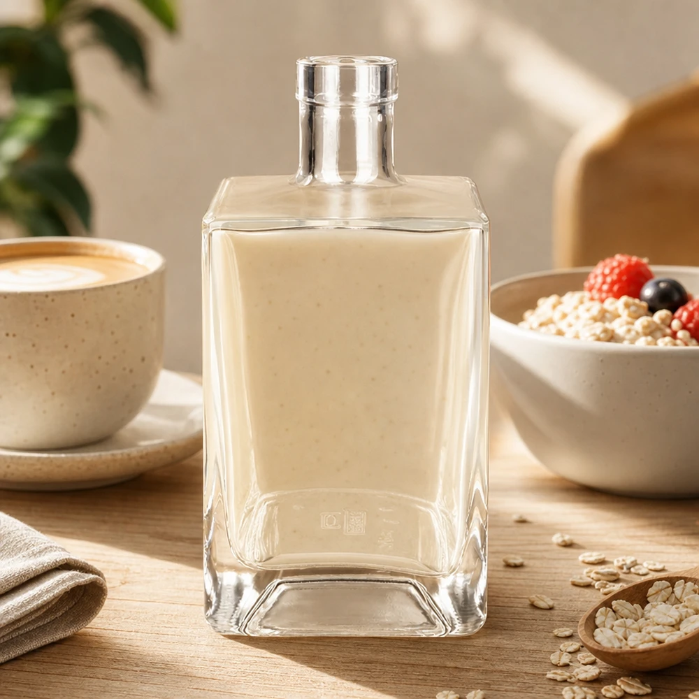 700 ml glazen fles Ben zonder sluiting UNiTWIST® 700ml glazen fles Ben transparant rechthoekig op houten tafel met koffiekopje en cornflakes kom lifestyle sfeer
