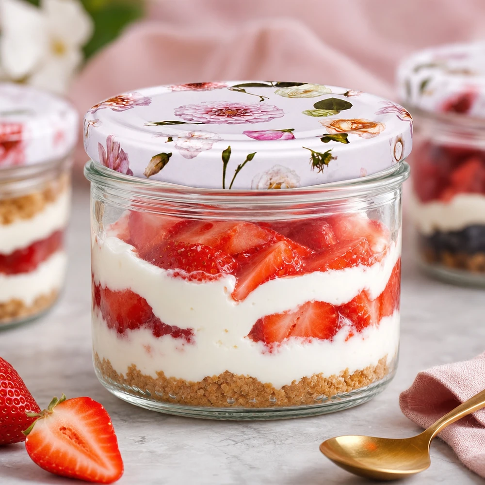 Cilindrische pot 230 ml + deksel BasicSeal roze bloem Aardbeiendessert in 230 ml cilinderpot met BasicSeal deksel Bloem roze - gelaagd dessert met verse aardbeien