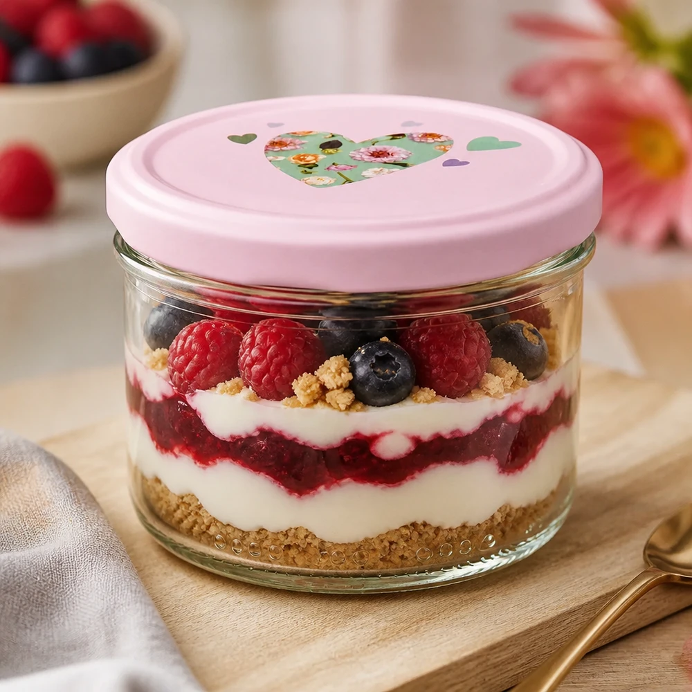 230 ml inmaakpot gevuld met bessengelaagd dessert, roze hartvormig deksel, praktisch voor maaltijdbereiding en desserts