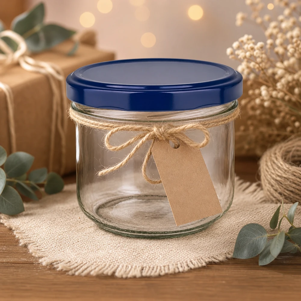 260ml bekers met BasicSeal deksel blauw/wit UNiTWIST 260 ml bekers met blauw UNiTWIST deksel decoratief gerangschikt met jute lint en cadeaulabel als cadeau