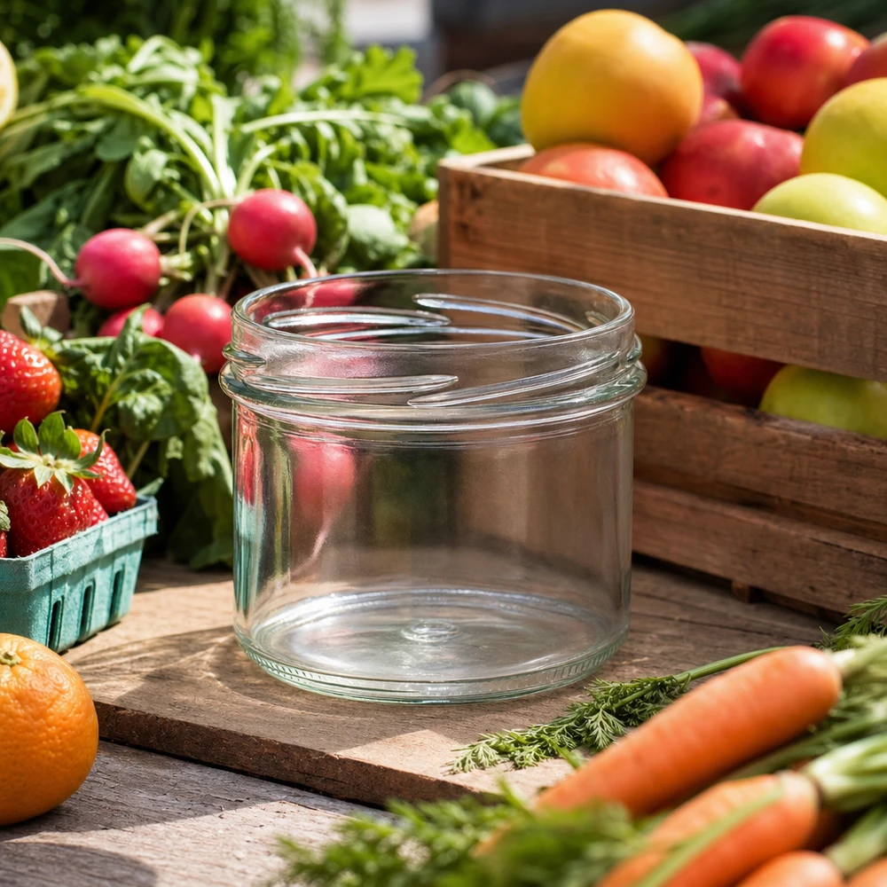 UNiTWIST Sturz225 bekers 225ml TO82 leeg op houten tafel met vers fruit en groenten voor conserveren en inblikken