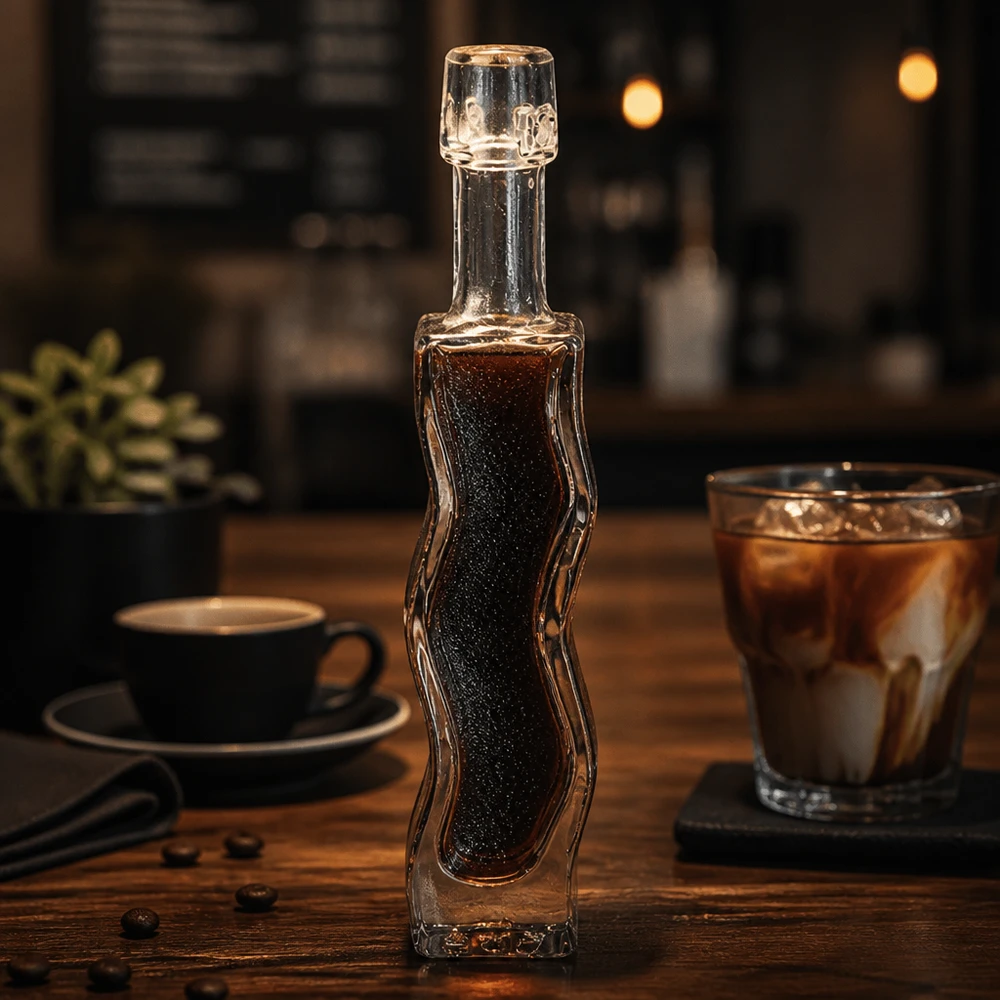 40 ml glazen fles Fila zonder beugel UNiTWIST® 40 ml glazen fles Anna gevuld met donkere koffiesiroop Café sfeer Houten tafel Toepassingsvoorbeeld Barista accessoires