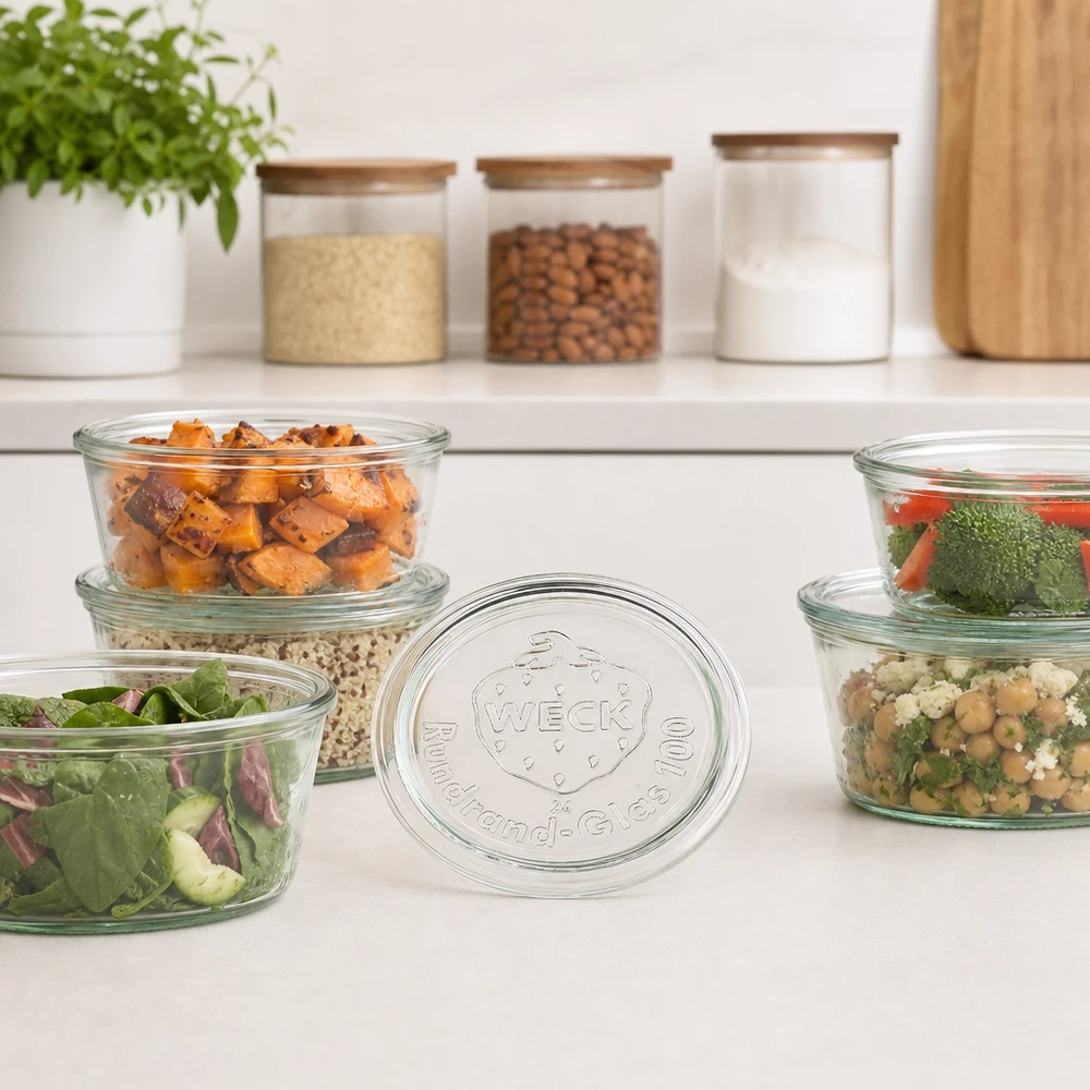 WECK glazen deksel RR100 WECK glazen deksel RR100 voor maaltijdkommen met bereide salades en groenten in moderne keukens