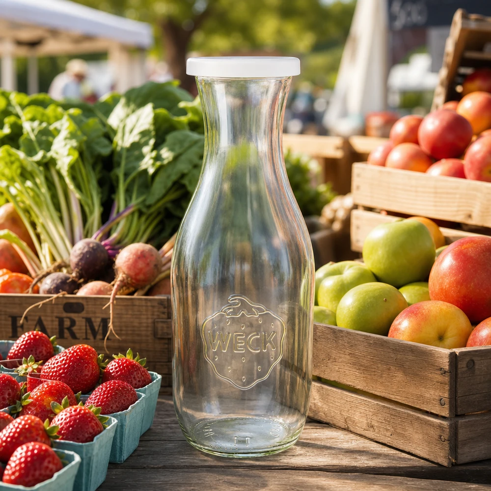Sapfles van 1062 ml met vershouddeksel WECK RR60 WECK sapfles 1062ml met wit deksel op boerenmarkt tussen vers fruit en groenten in houten kratten