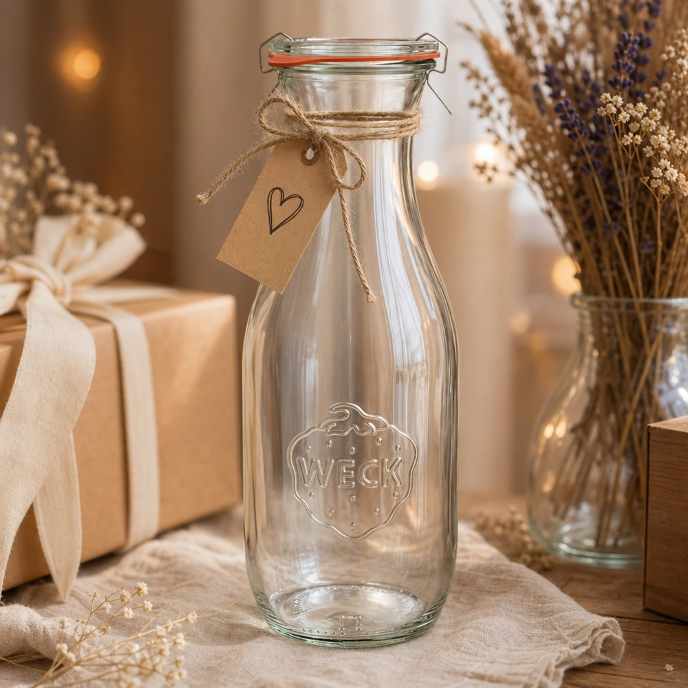 1062 ml sapfles, compleet WECK RR60 WECK sapfles 1062ml RR60 decoratief met jute koord en hart hanger als rustiek cadeau