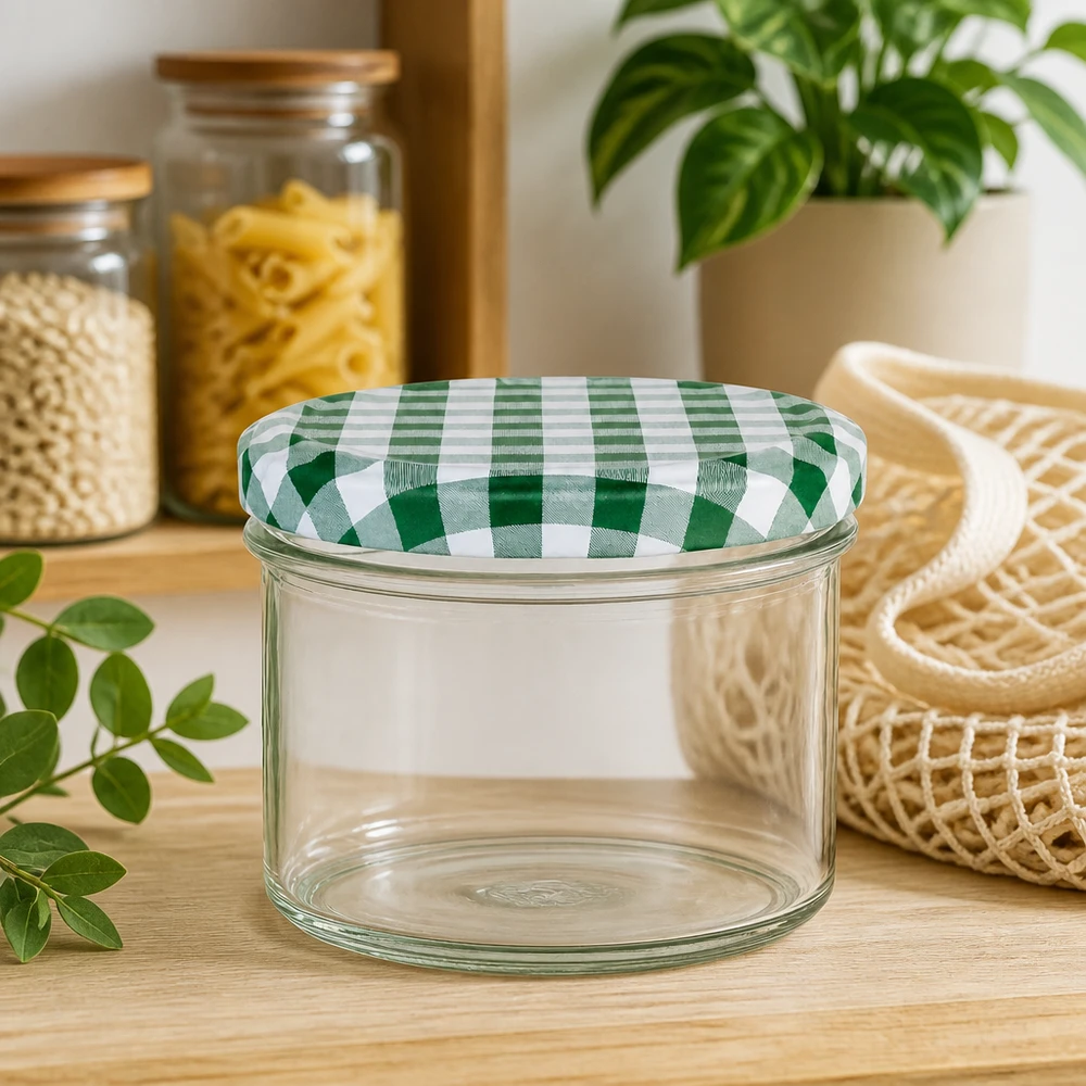 225ml bekers met BasicSeal deksel groen/wit UNiTWIST Titels van 225 ml met groen-wit geblokte deksels op een houten tafel naast voorraadpotten en plantdecoraties