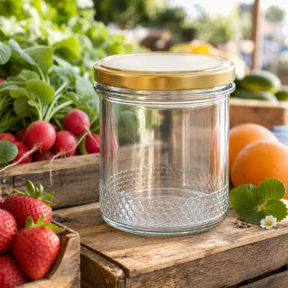 Honingpot 560 g met gouden BasicSeal UNiTWIST-deksel 400ml honingpot met BasicSeal deksel goud UNiTWIST op een houten krat in de tuin omringd door verse aardbeien en radijsjes