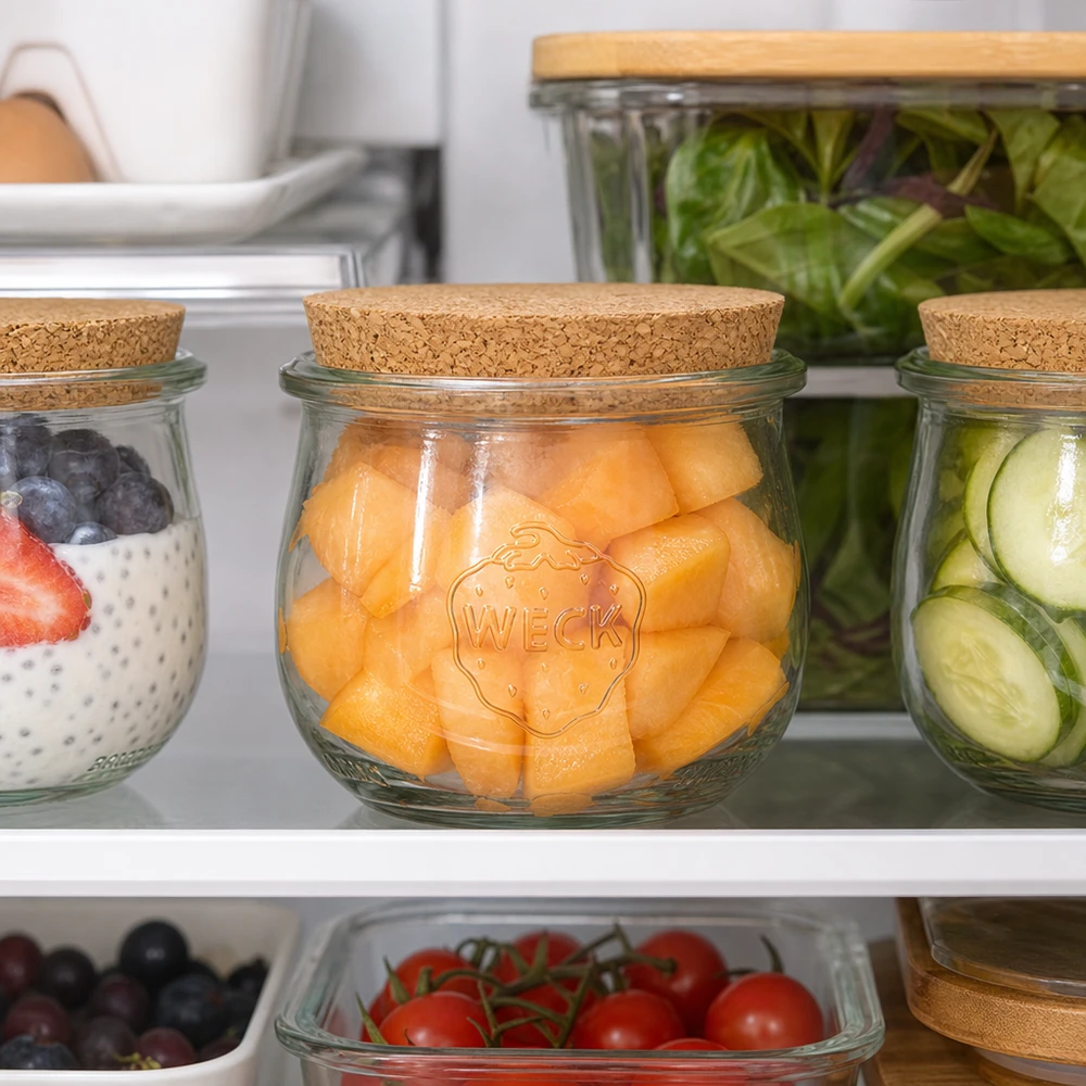 370ml tulpenglas WECK RR80 met kurk WECK Tulpenglas 370ml RR80 mit Naturkorken im Kühlschrank zur Aufbewahrung von Cantaloupe Melone und Gemüse
