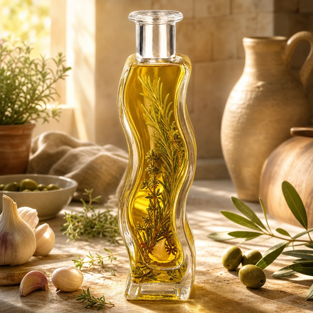 100 ml glazen fles Melissa zonder sluiting UNiTWIST® 100ml Melissa glazen fles gevuld met kruidenolie en rozemarijntakjes in een mediterrane keuken met olijven en keramiek