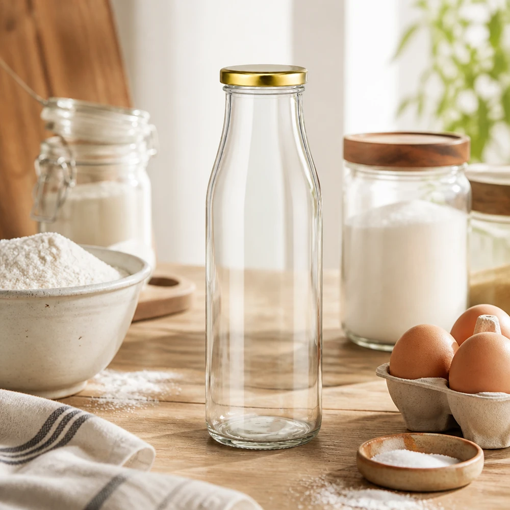 500ml fles met BasicSeal deksel goud UNiTWIST 500ml glazen fles BasicSeal deksel goud in bakkeuken met bloem eieren melk glas op houten werkblad keukengerei