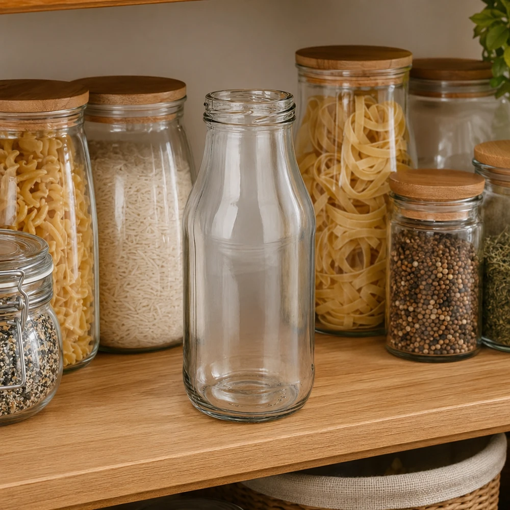 263ml fles zonder deksel (TO43) UNiTWIST UNiTWIST Fles263 Glazen fles 263ml TO43 leeg transparant op houten plank naast voorraadpotten met pasta en kruiden