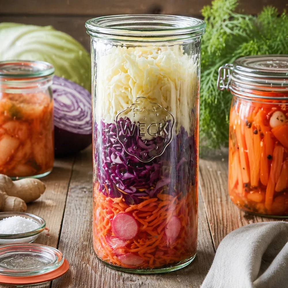 1500ml stortglas met glazen deksel WECK RR100 WECK RR100 1500ml mason jar met gefermenteerde groente zuurkool op een houten tafel tussen verse ingrediënten