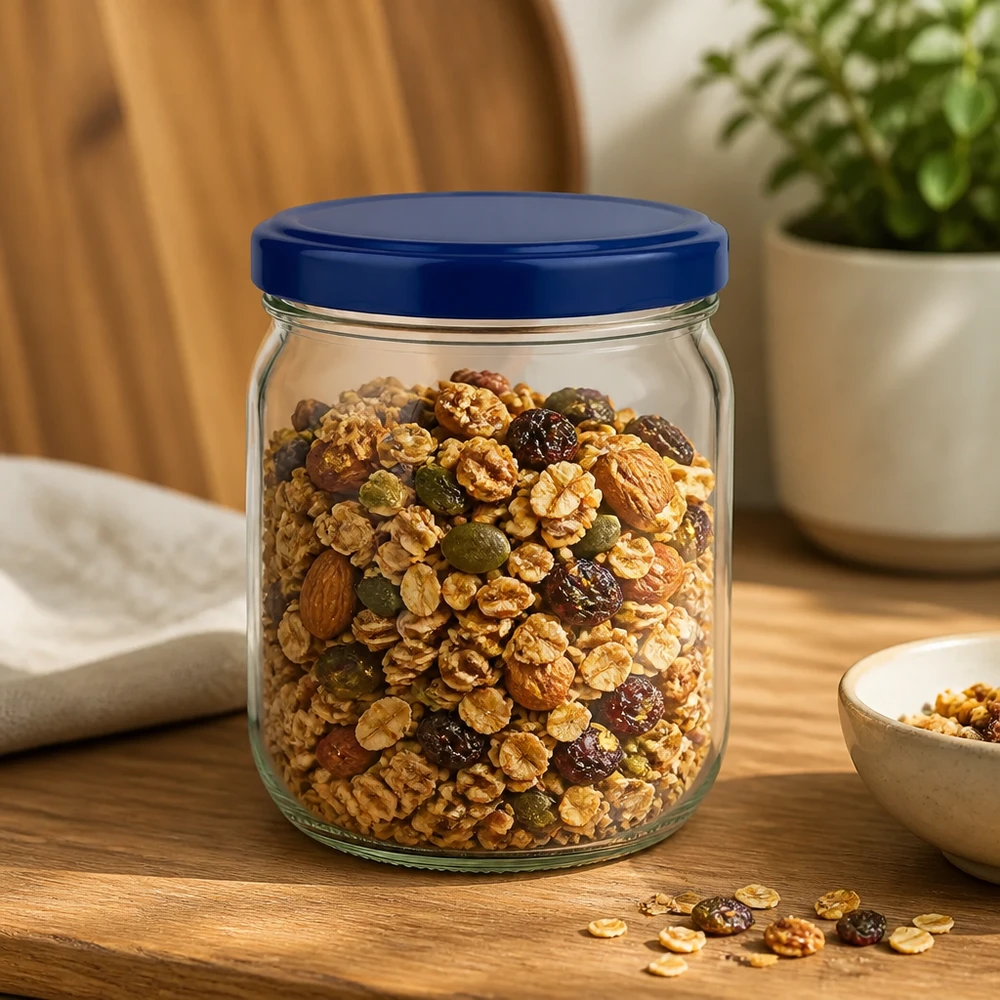 425ml rond glas met BasicSeal deksel blauw UNiTWIST 425 ml ronde pot met blauw BasicSeal deksel gevuld met muesli noten gedroogd fruit - voorraadpot voor ontbijtgranen