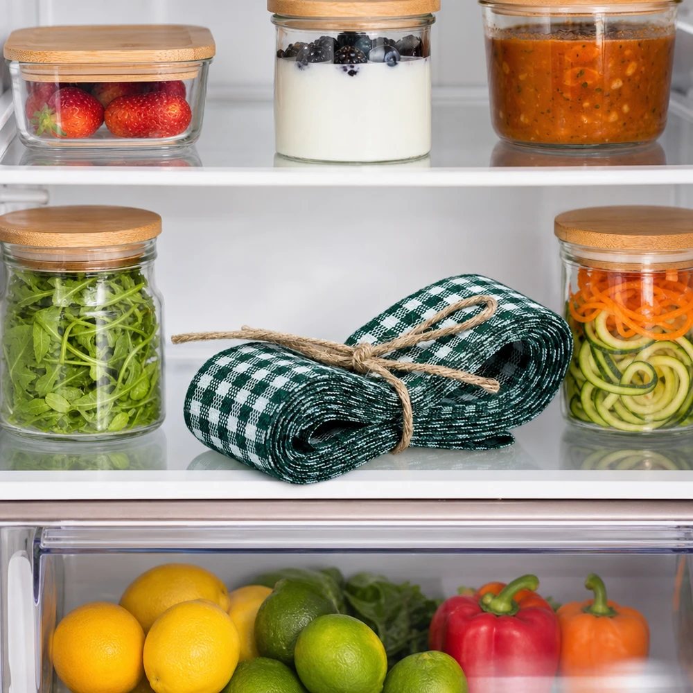Stofband groen/wit voor decoratie 300 cm Grün-weißes Stoffband 300cm gerollt im Kühlschrank zwischen Vorratsgläsern und frischem Gemüse als Küchenorganisation