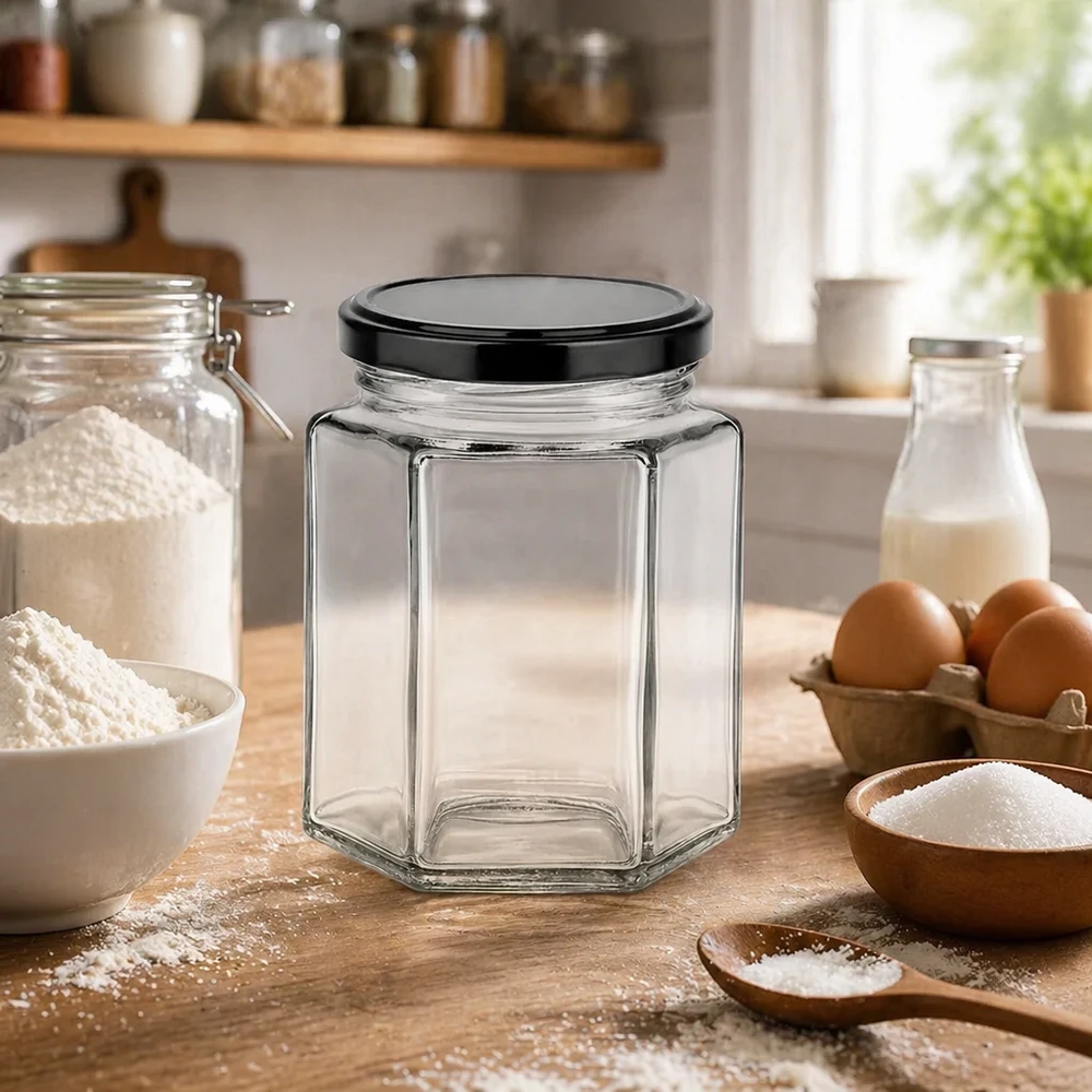 196ml hexaglas met BasicSeal deksel zwart UNiTWIST Zeshoekige pot 196 ml leeg op houten werkblad met bakingrediënten - toont keukenintegratie van zeshoekige pot met zwart