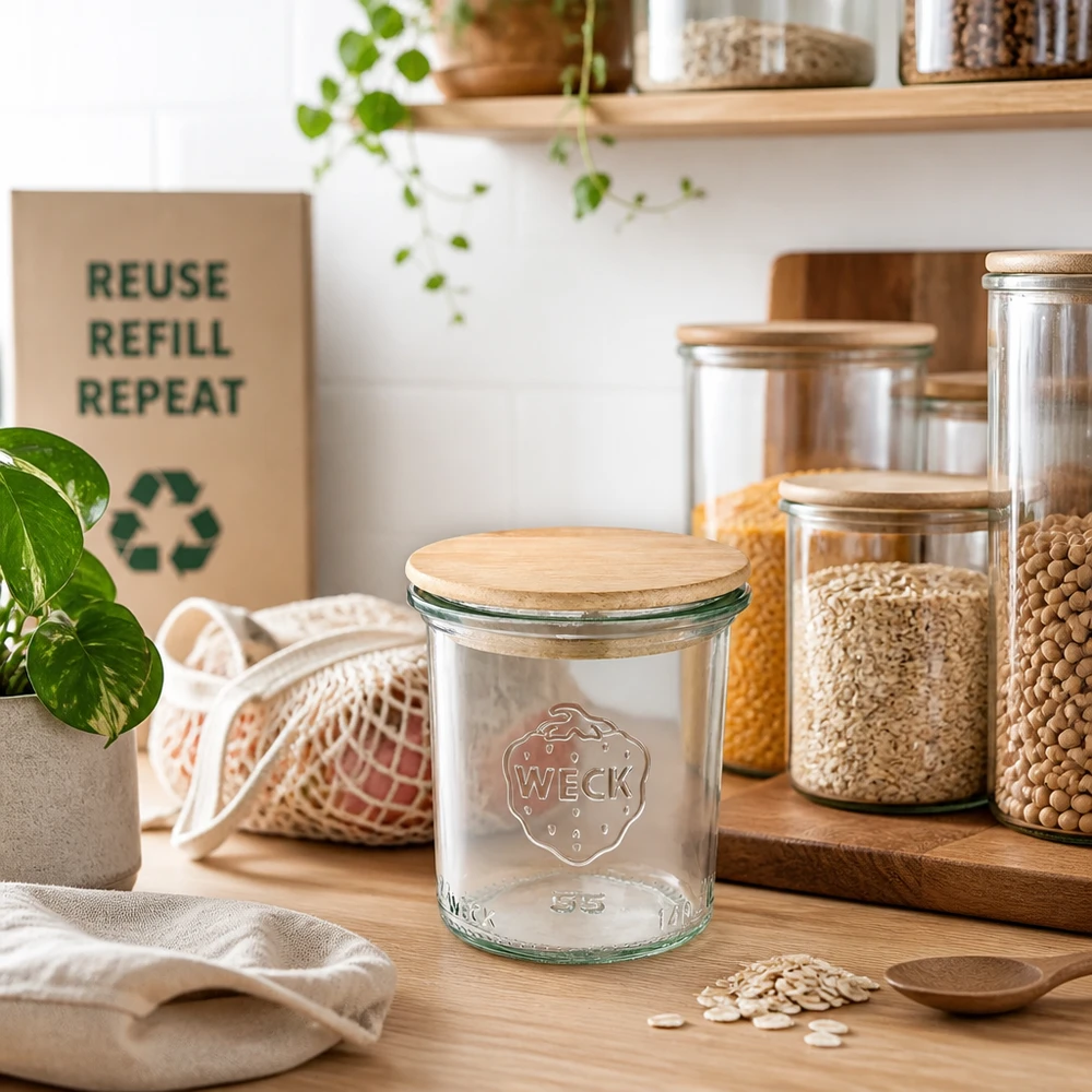 WECK 140ml RR60 houten dekselpot in duurzame zero-waste keuken met voorraadpotten en recyclelogo