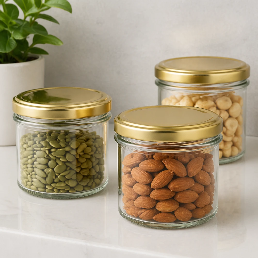 125ml bekers met BasicSeal deksel goud UNiTWIST 125ml Sturzgläser mit BasicSeal Deckel gold für Nüsse und Trockenfrüchte - elegante Aufbewahrung in der Küche