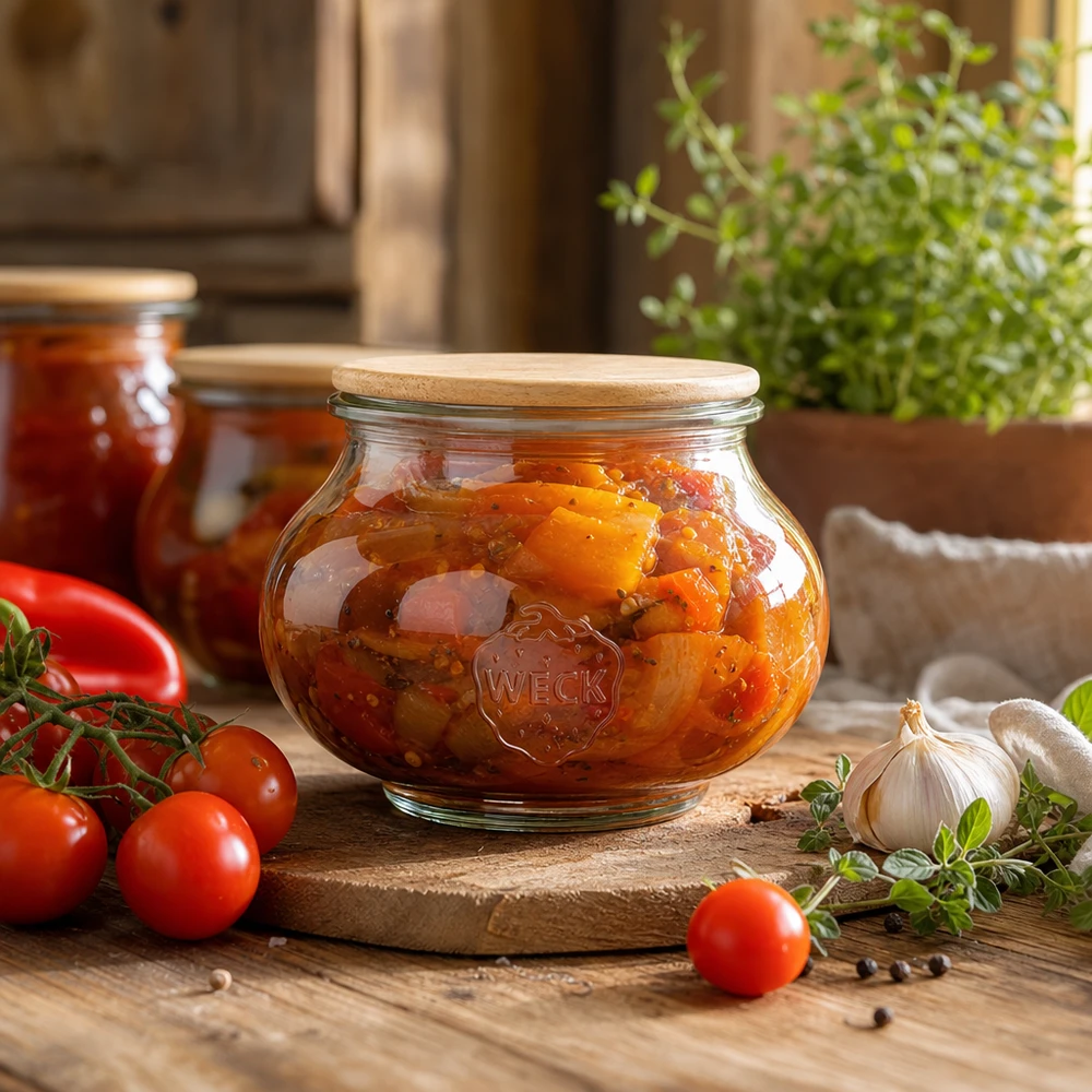 WECK voorraadpot 560ml met houten deksel gevuld met tomatenspread in een rustieke keuken met verse ingrediënten