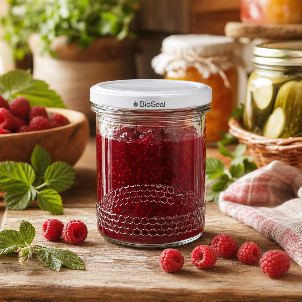 Honingpot 560 g met witte BioSeal UNiTWIST-deksel Frambozenjam in een honingpot van 400 ml met BioSeal deksel omringd door verse frambozen op een houten plank